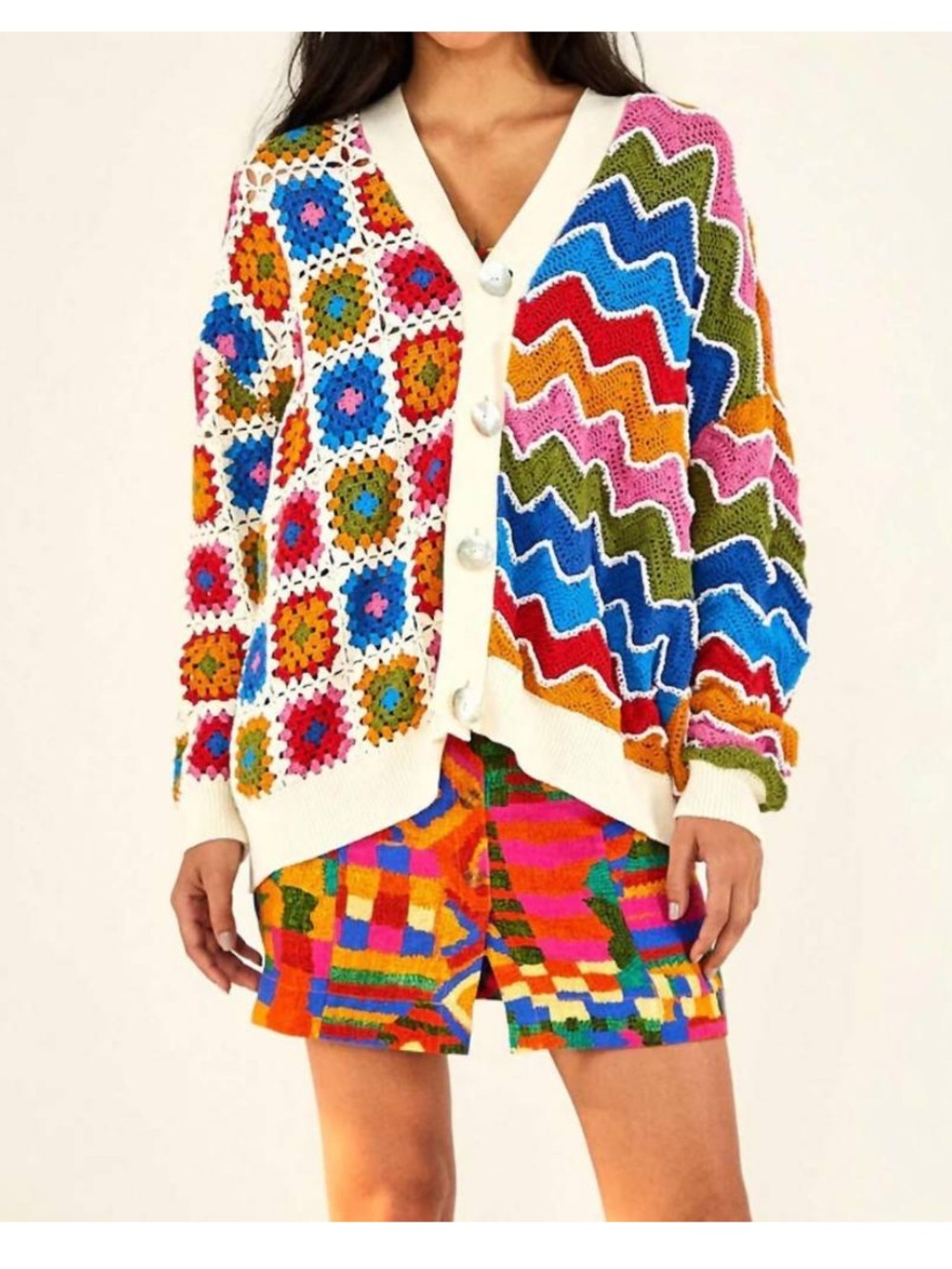 FARM Rio Multicolor Crochet & Zigzag Knit Cardigan - White Trim
